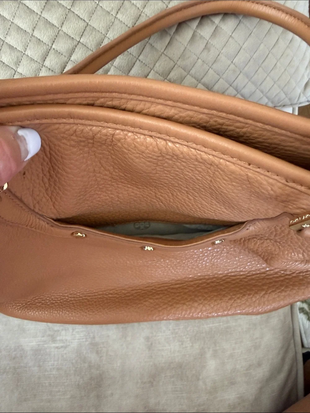 Tory Burch Tan Pebbled Leather Tote with Logo Emblem